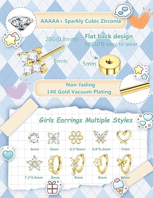 SAILIMUE Hypoallergenic Flat Back Earrings for Girls Women - Cute Toddler Kids Earrings Set Surgical Stainless Steel Earring for Sensitive Ears Small 14K Gold Plated Stud Hoop Earring Stacks