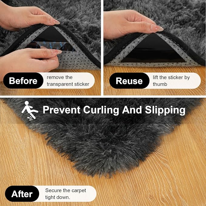 2x3 Rugs for Bedroom, Fluffy Area Rugs for Living Room, Small Fuzzy Shag Soft Carpet with 4 Non-Slip Adhesive Strips for Kids Boys and Girls Nursery Dorm Decor (2ft X 3ft, Tie-Dyed Black Grey)