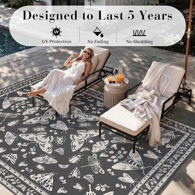 AMOAMI-Outdoor Rug-Patio Rug 5x8 ft Quick Dry Machine Washable Flatweave Textured Outdoor Carpet with Rubber Particles Backing Indoor Outdoor Rug for Patio Deck Front Porch Balcony Greyish Black