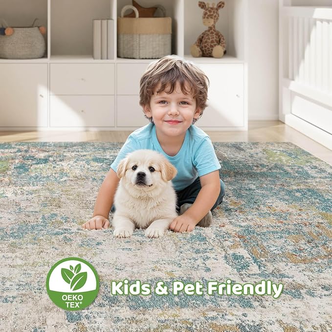 5x7 Area Rugs Living Room: Washable Large Abstract Neutral Modern Soft Rugs Stain Resistant Indoor Floor Non-Slip Accent Carpet for Bedroom Nursery Playroom Office Dining Room Home Decor- Teal