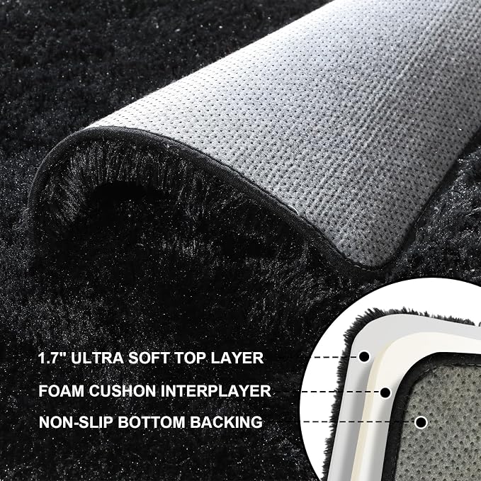 Black Rugs for Bedroom, 2x3 Fluffy Area Rugs for Living Room, Small Fuzzy Shag Soft Carpet with 4 Non-Slip Adhesive Strips for Kids Boys and Girls Nursery Dorm Room Home Decor (2ft X 3ft)