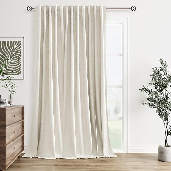 Guken Extra Wide 100% Blackout Linen Curtains for Bedroom 108 Inch Long 9 FT Natural Cream Black Out Curtain Back Tab Room Darkening Window Drapes for Living Room 1 Panel Beige Ivory 100x108
