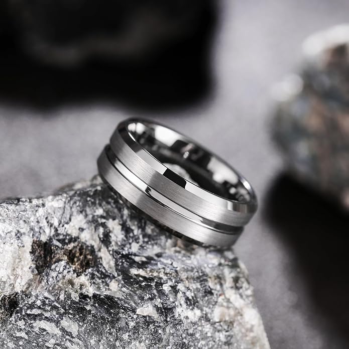 King Will Tungsten Carbide Wedding Band for Men Women-6/8/10mm Width Multicolor Available with Grooved Center Wedding Ring Suitable for Work, Gym Comfort Fit Size 4-16