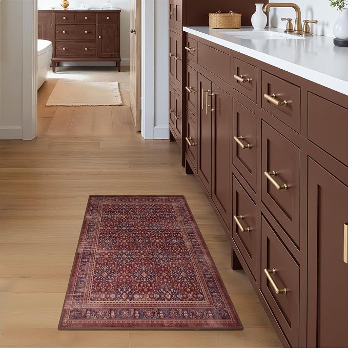 Amber Red 2x3 Kitchen Rugs Non Slip Washable, Luxurious Boho Floral Trellis Purple Accents Thin Door Mat Indoor Entrance, Earth Tone Moody Vintage Distressed Small Rugs for Entryway Bathroom