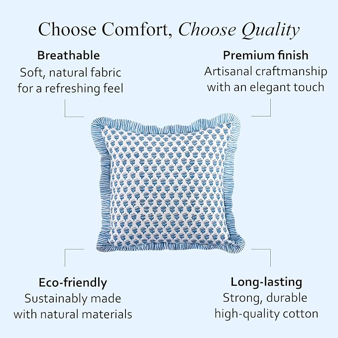 CPC Block Print Ruffle Throw Cover Apatite Blue 16"x16" Inch Pack of 2-100% Cotton Ruffle Couch Decorative Boho Pillows Case for Living Room, Bedroom, Sofa, Farmhouse Gift for Spring, Mother's Day