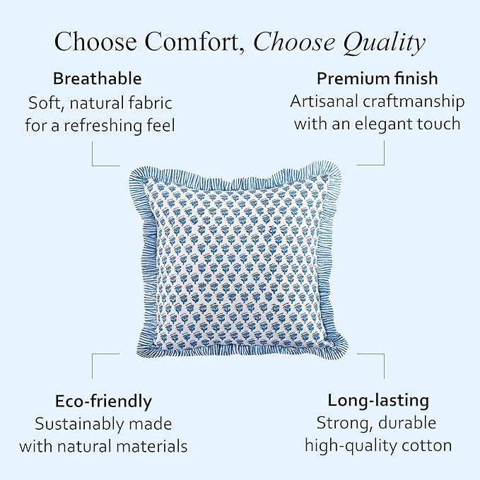 CPC Block Print Ruffle Throw Cover Apatite Blue 20"x20" Inch Pack of 2-100% Cotton Ruffle Couch Decorative Boho Pillows Case for Living Room, Bedroom, Sofa, Farmhouse Gift for Spring, Mother's Day