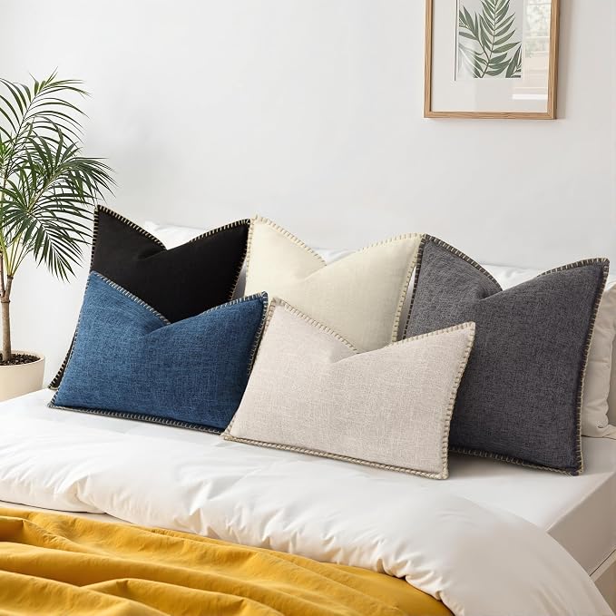 decorUhome Black Faux Linen Outdoor Throw Pillow Covers 16x16 Set of 2 | Fall Decorative Textured Neutral Modern Farmhouse Pillow Covers with Stitched Edge for Couch Sofa Bed Living Room