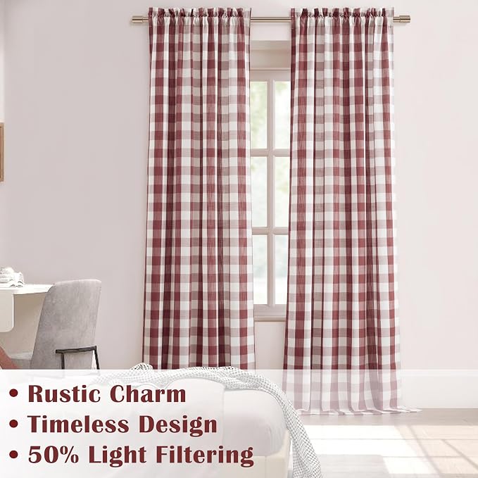 95 Inch Red White Buffalo Plaid Semi Sheer Curtains | Long Rustic Checkered Drapery Panels,Light Filtering Drapes for Sliding Door Living Room,Rod Pocket,52"Wx95"L(Pack of 2)