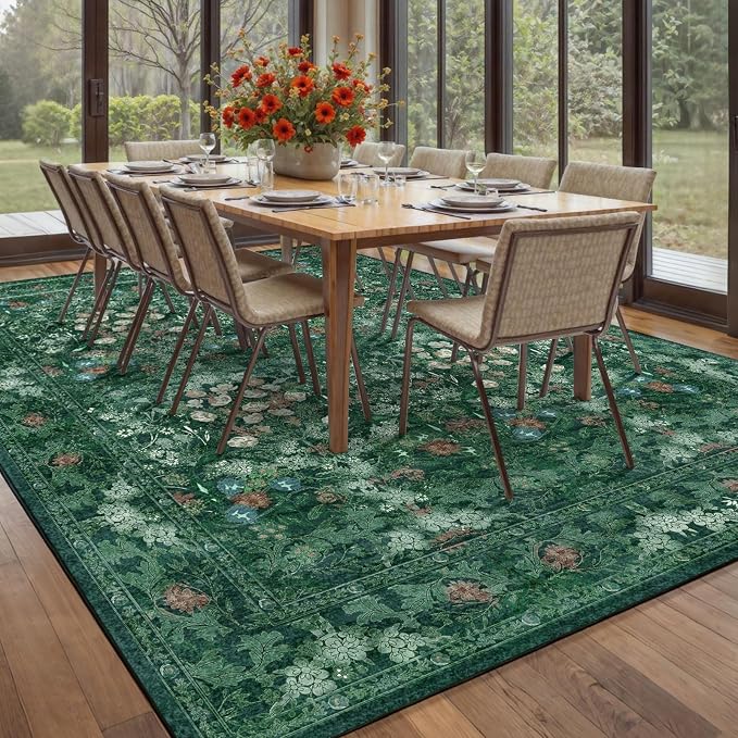 Washable Farmhouse Green 9x12 Rug for Living Room - Boho Floral Art Deco Area Rug for Bedroom, Dining Room Under Kitchen Table, Large Distressed Low Pile Non Slip Carpet - Soft Botanical Mat