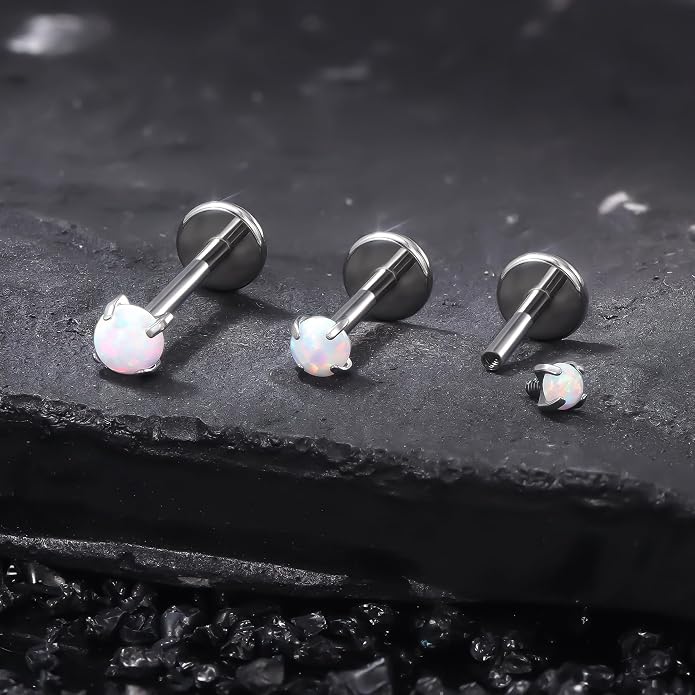 Ruifan Titanium Flat Back Lip Rings Externally Threaded Earrings Studs Nose Rings 20G 18G 16G Round Opal Tragus Cartilage Lobe Rook Helix Conch Labret Medusa Piercing Jewelry for Women Men
