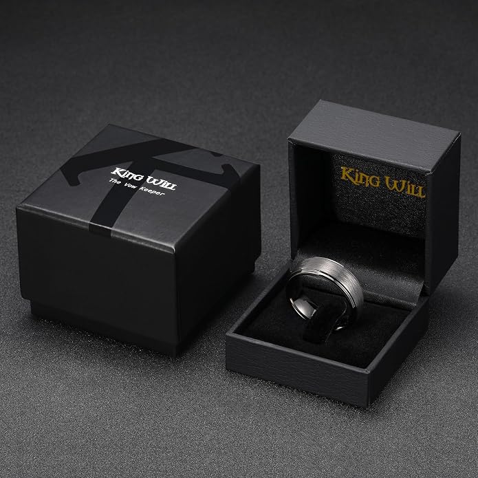King Will Classic Tungsten Carbide Ring Brushed Two Grooved Center Hammered Design Mens Wedding Band for Men