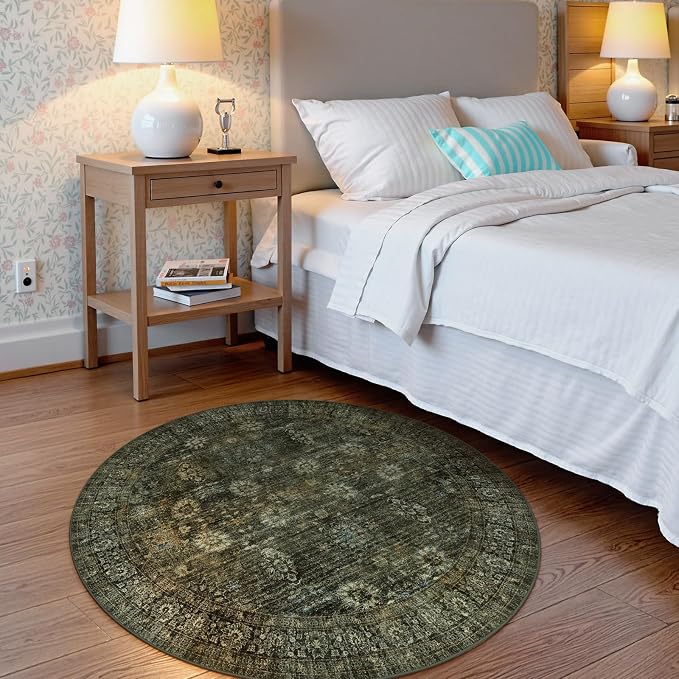 Moynesa Ultra-Thin Washable 5ft Round Rug - Teal 5x5 Circle Rugs for Living Room, Vintage Dining Room Mat Stain Resistant Nursery Carpet for Bedroom Mudroom Kitchen Apartment Home Office