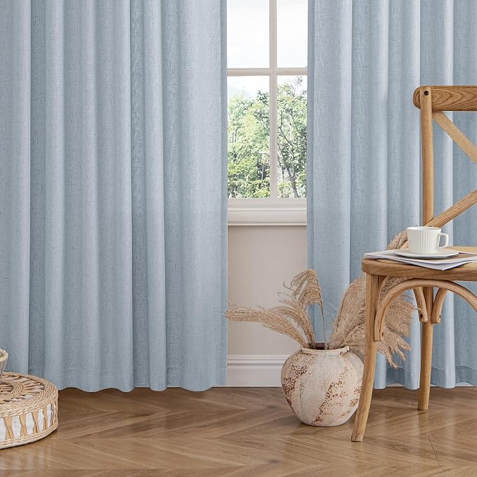 MIULEE Non-See-Through Privacy Linen Curtains 52W x 63L Inch Blue | 2 Panels, Light Filtering, Semi Sheer Window Curtains, Farmhouse Textured, Back Tab Drapes for Bedroom Living Room