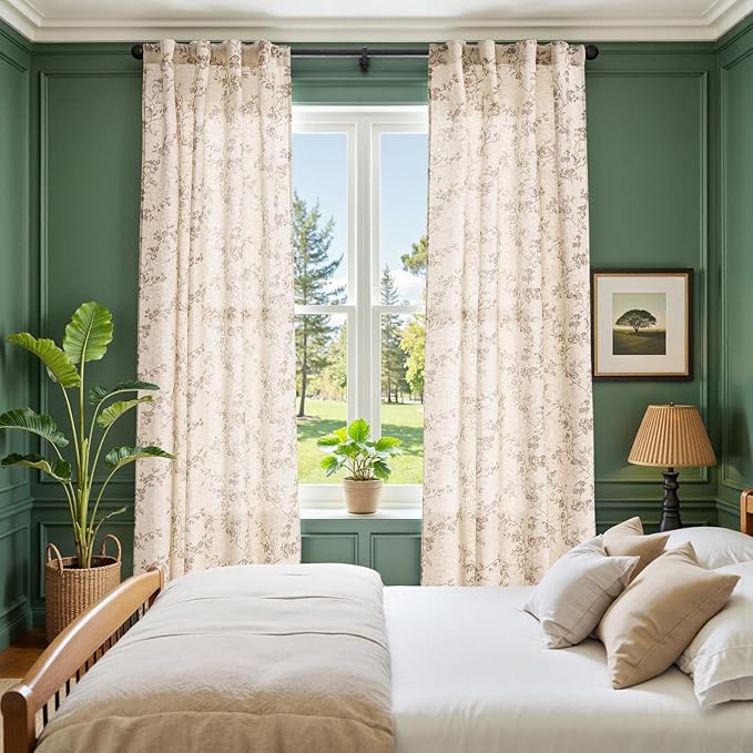 jinchan Taupe Floral Linen Curtains 84 Inch Farmhouse Back Tab 2 Panels | Taupe on beige, light filtering, farmhouse, rustic, country, flower, privacy, bedroom, living room, office, window treatment