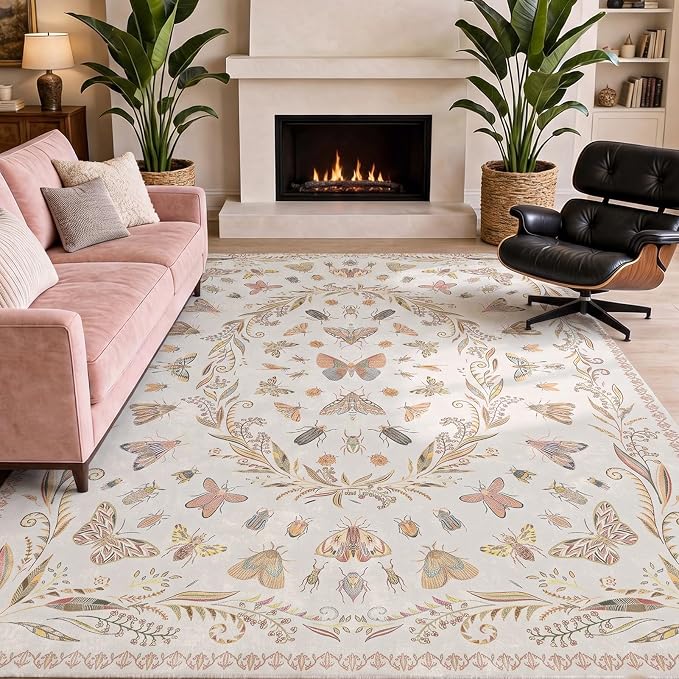 Lunasun Beige Pink Rugs for Bedroom Under Bed - 6x9 Area Rug for Living Room, Dining Room, Kids Playroom, Fun Insect Cute Décor,Ultra Soft Non Slip Stain Resistant