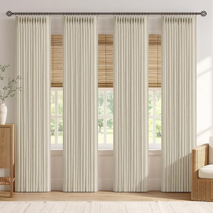 MIULEE 4 Panels Set Pinch Pleated Linen Curtains 108 Inches Length for Living Room Bedroom, Extra Long Pinch Pleat Drapes Back Tab Light Filtering Beige Foor to Ceiling Curtains with Hooks&Rings