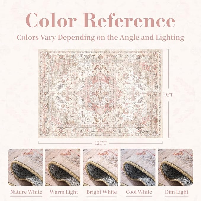 PADOOR 9X12 Area Rug,Rugs for Living Room,Soft Pink Rugs for Bedroom,Machine Washable Rug Non Slip Carpet for Dining Room Living Room Bedside Office