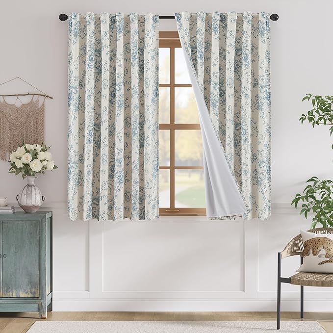 jinchan Blue Floral Linen Blackout Curtains Lined 63 Inch Back Tab 2 Panels | Blackout lining, room darkening drapes, farmhouse, vintage, cottagecore, rustic, bedroom, living room, window treatment