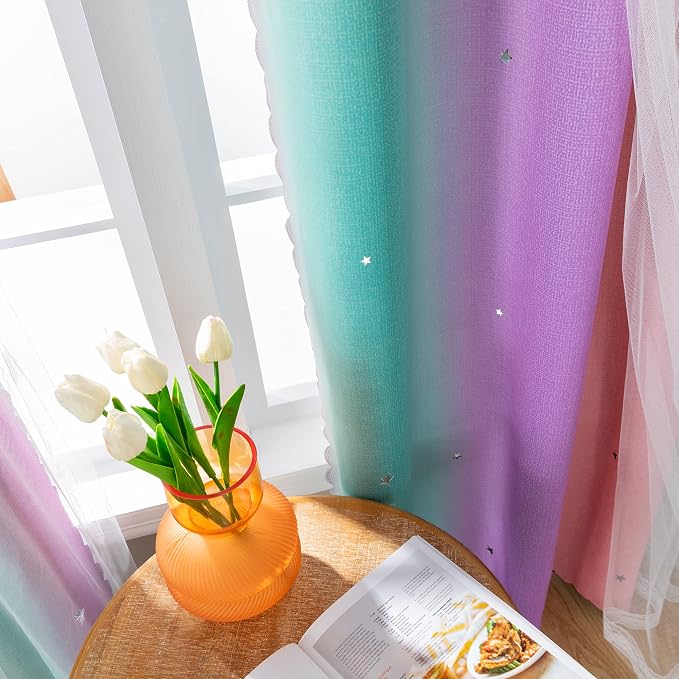 XiDi Blackout Curtains for Girls Bedroom Decor Kids Colorful Rainbow Design | Unicorn Princess Wall Decor Pink Ombre Curtains Princess Room 72 Inches Long 34 Wide 2 Panel Sets Pink Purple Green