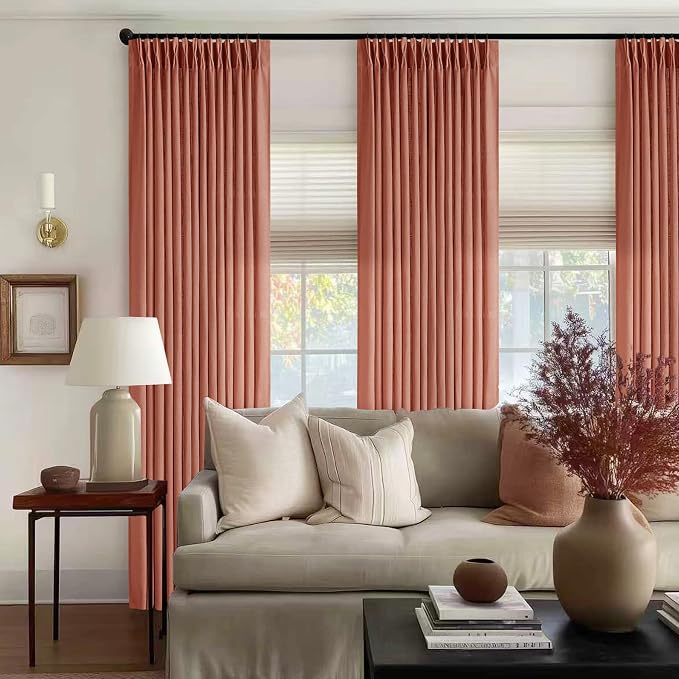 Pleated Farmhouse Firebrick Linen Curtains 102 Inches Long for Living Room | Pinch Pleat Drapes with Hooks Rings for Track System, Light Filtering for Bedroom Sliding Patio Door, 2 Panels W40xL102