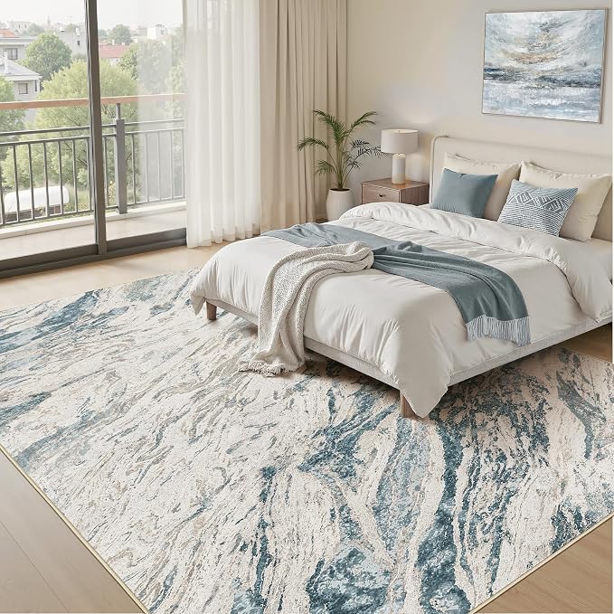 Area Rugs for Living Room: 7X9 Abstract Washable Rug Modern Neutral Large Soft Stain Resistant Non-Slip for Bedroom Dining Room Indoor Home Office Carpet - Blue Brown