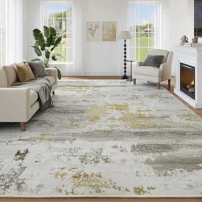 Kelarea Washable Area Rug for Living Room, 6x9 Non Slip Modern Abstract Beige Rugs, Easy Clearning Low Pile Large Carpet for Bedroom, Dining Room, Nursery, Office
