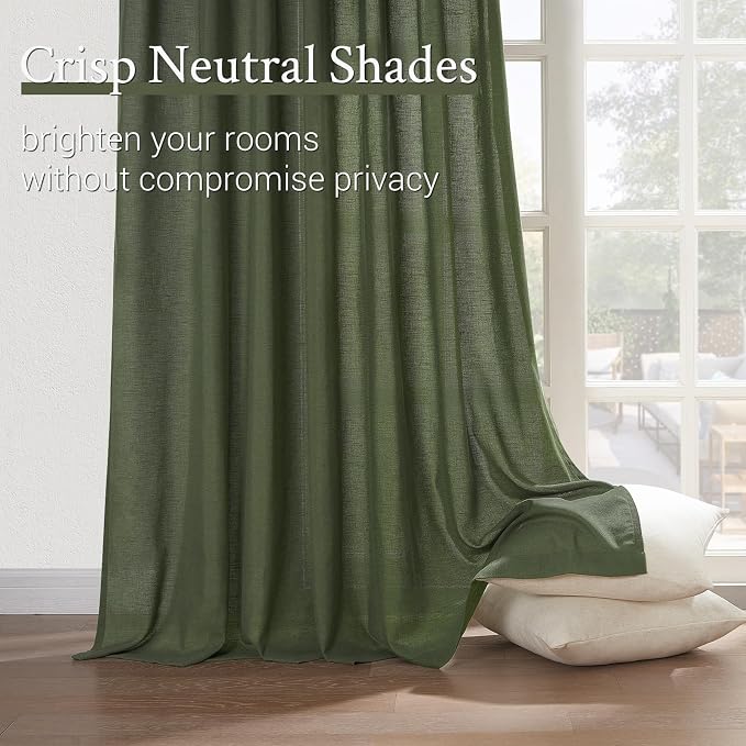 Topfinel Pinch Pleated Curtains 90 Inches Long 1 Panels Set,Olive Green Semi Sheer Cotton Blend Fabric Aesthetic Advanced Curtain Drapes for Living Room Bedroom,60x90 inch Length