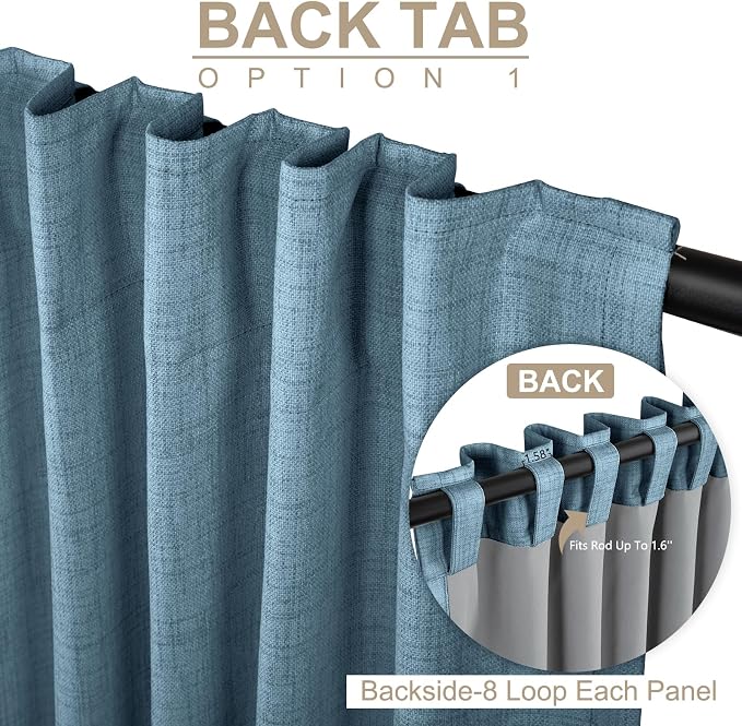100% Blackout Shield Linen Blackout Curtains for Bedroom 96 Inches Long, Back Tab/Rod Pocket Living Room Drapes, Thermal Insulated Blackout Curtains 2 Panels Set, 50" W x 96" L, Stone Blue