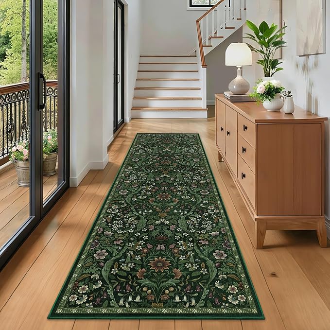 2’6″x 8’ Washable Runner Rug,Dark Green Floral Kitchen Rugs for Hallway,Low-Pile Non-Slip Stain Resistant Carpet for Kitchen, Bedside,Laundry Room,Entryway