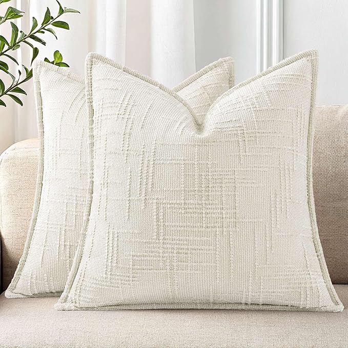 decorUhome Chenille Throw Pillow Covers 20x20 Set of 2,Cream White | Soft Texture, Slubby Modern Design, Flange Edges, Cozy Accent Pillow Covers for Couch, Sofa, Bed, Living Room