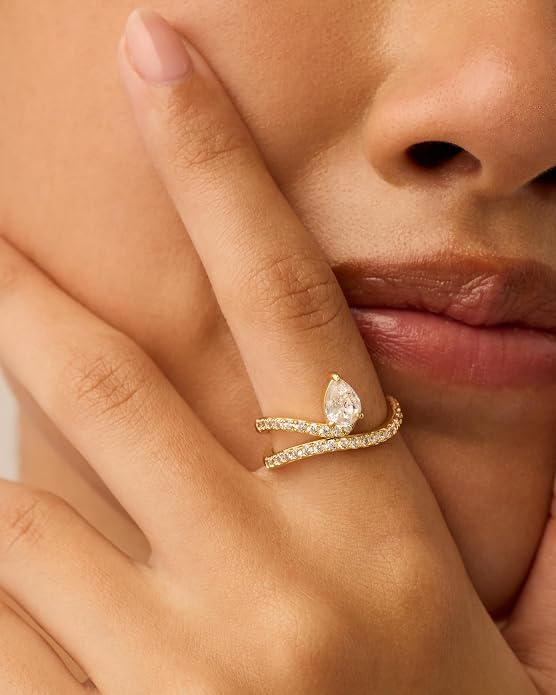 PAVOI 14K Gold Plated Wavy Engagement Ring for Women | Solitaire Cubic Zirconia Wedding Band & Promise Rings for Her | Trendy Fashion Jewelry