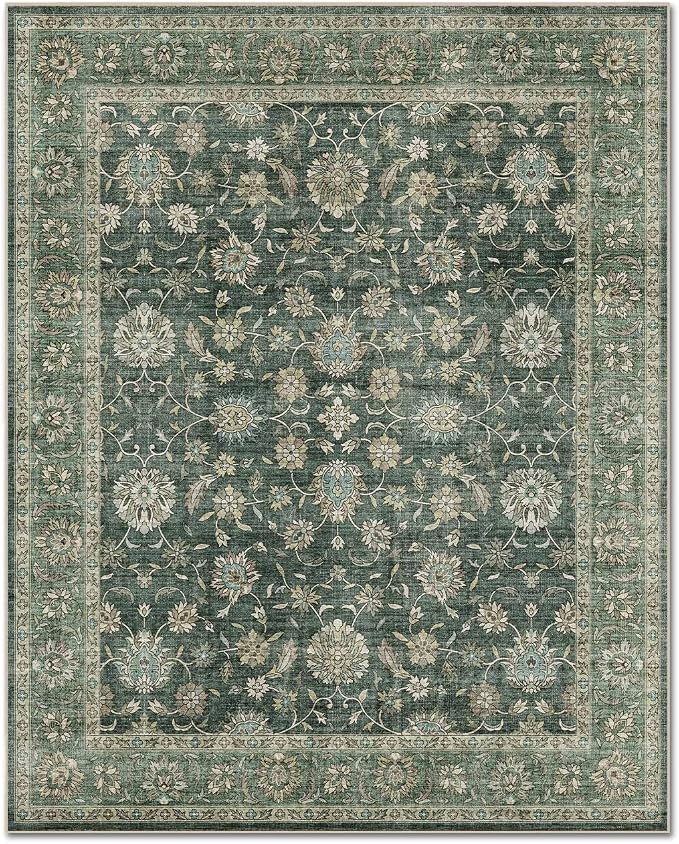 Washable 3x5 Entryway Rug, Boho Vintage Non-Slip Door Mat, Sage Green | 0.3" Neutral Throw Small Rugs for Bedroom Kitchen Nursery Entrance, Cushioned for High-traffic Area