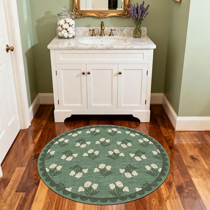 Sage Green 3ft Entryway Round Rug - 3x3 Small Washable Boho Floral Scalloped Round Bathroom Rug Non Slip Front Door Mat Indoor Stain Resistant Circle Area Rugs for Bedroom Entryway Kitchen
