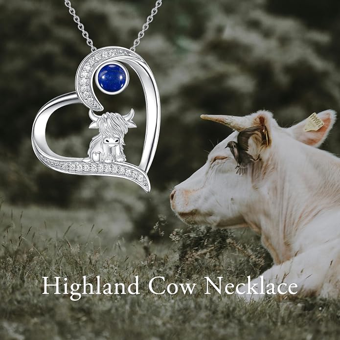 Highland Cow Gifts for Women 925 Sterling Silver Highland Cow Birthstone Necklace Fluffy Cow Jewelry Gifts Birthday Christmas