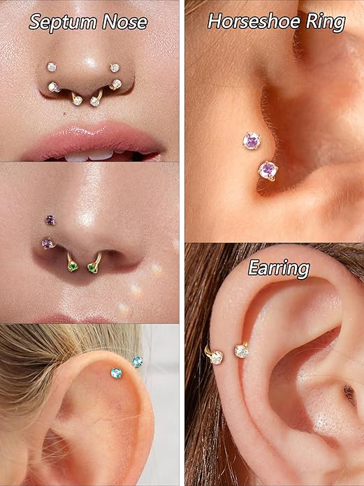 Oveta 18G Horseshoe Nose Rings for Women, 16G 20G Surgical Steel Nose Ring Hoop 6/8/10/12mm, Internally Threaded Tragus Cartilage Helix Earrings Silver/Gold, 3mm CZ