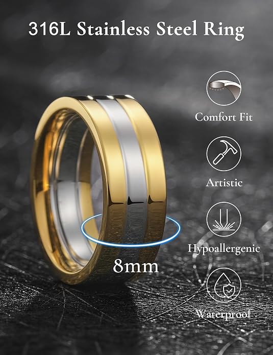 King Will 316L Stainless Steel Men's Wedding Band – 6/8 mm Dual-Tone Wedding Ring Polished Finish with Gold/Black Steel Plating, Fashionable and Durable Stainless Steel Men's Ring Size 7-14