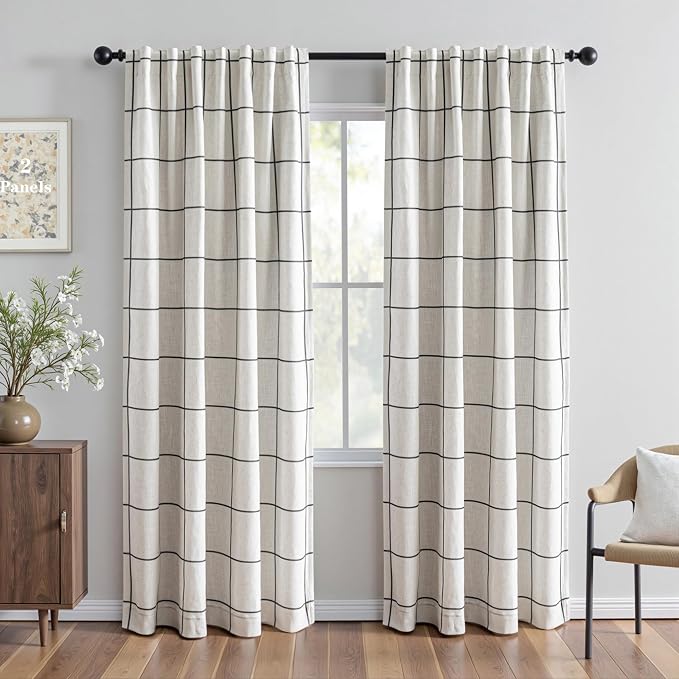 MYSKY HOME 100% Blackout Plaid Farmhouse Linen Curtains 90 Inch Long 2 Panels Set for Living Room Double Layer Windowpane Drapes Thermal Insulated Privacy Protection Rod Pocket Back Tab, 52" W, Black