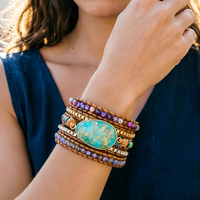 YGLINE Boho Leather Wrap Bracelet for Women- Gemstone Handmade Healing Crystal Beaded 5 Wrap Bohemian Jewelry Collection