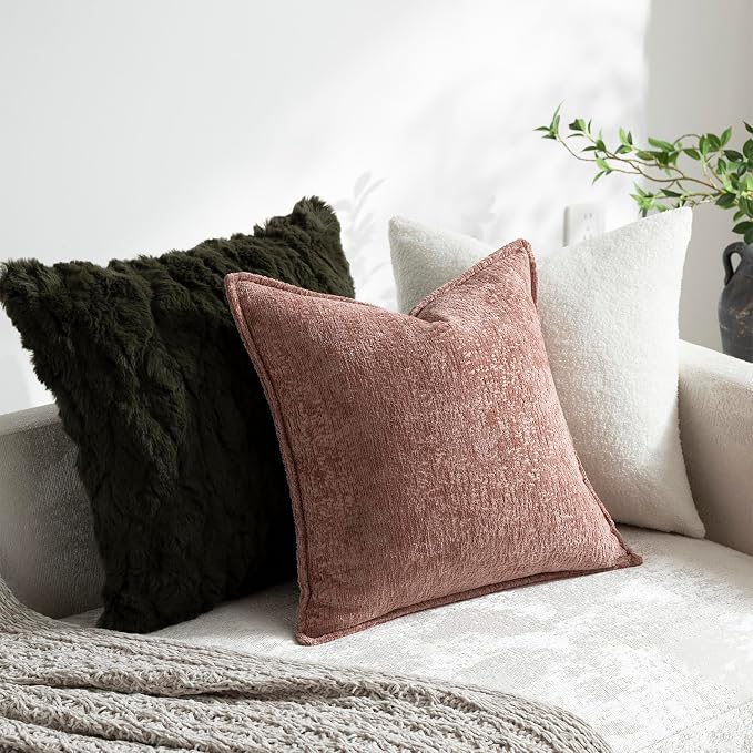 DEZENE Pack of 2 Dusty Pink Decorative Throw Pillow Covers 22x22 Cozy Soft Chenille Accent Vintage Square Couch Pillow Covers for Home Decor Bed Sofa Living Room