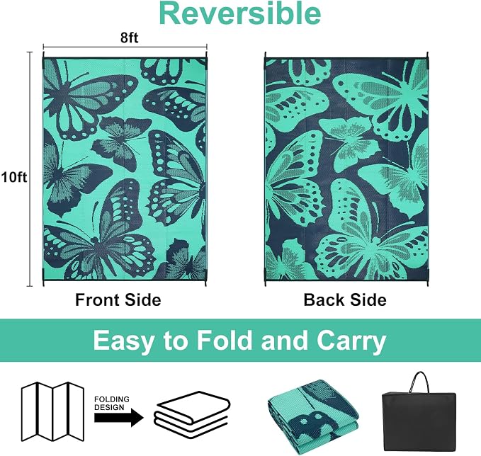 Anidaroel Butterfly Outdoor Rug 8X10 Patio Waterproof, Reversible Plastic Straw Outside Area Rug, Large Outdoor Area Rug for Deck, Camper, Backyard, Picnic(Green,8‘X10')