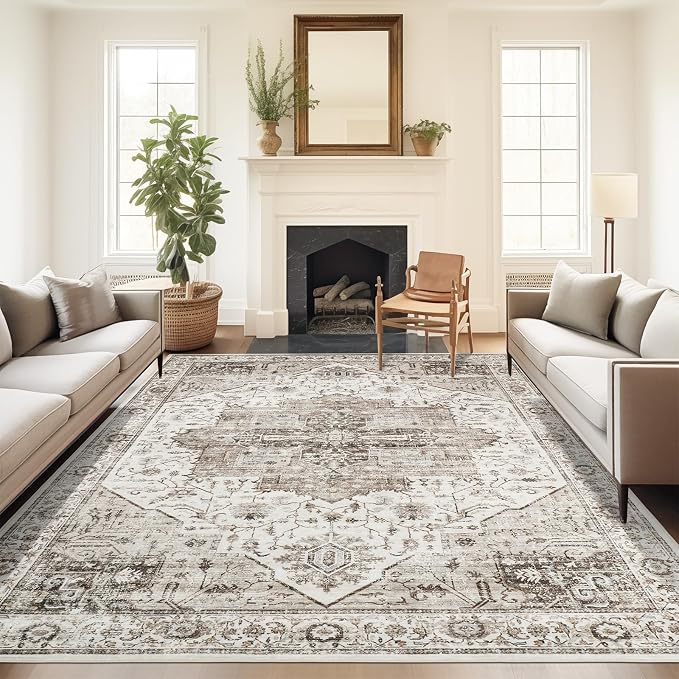 Roxstand 5x7 Washable Area Rugs, Non Slip Living Room Rug Brown | Low Pile Vintage Rug, Stain Resistant, Non-Shedding Design, Pet & Kid Friendly, Carpet for Bedroom, Dining Room Office