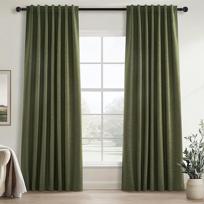 Long Blackout Curtains 108 Inch Long 2 Panels,Noise Reducing Spring Blackout Winodw Curtains for Living Room Back Tab Pleated Look Drapes for Track System with Hooks 52x108-Loden/Olive Green