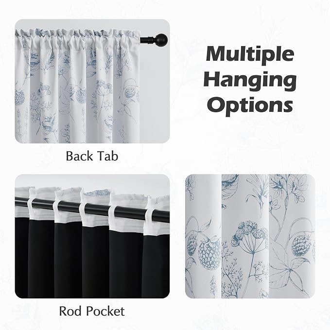 FMFUNCTEX 100% Blackout Floral Curtains 84 Inches Long for Bedroom, Blue and White Floral Drapes for Living Room, Farmhouse Rod Pocket Back Tab Room Darkening Thermal Insulated Window Drapes 2 Panels