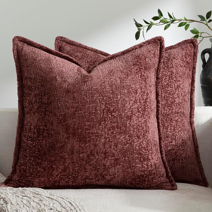 DEZENE Pack of 2 Christmas Burgundy Fall Euro Shams Pillow Covers 26x26 Cozy Soft Chenille Decorative Throw Pillow Covers Accent Vintage Square Couch Pillow Covers for Home Decor Bed Sofa Living Room