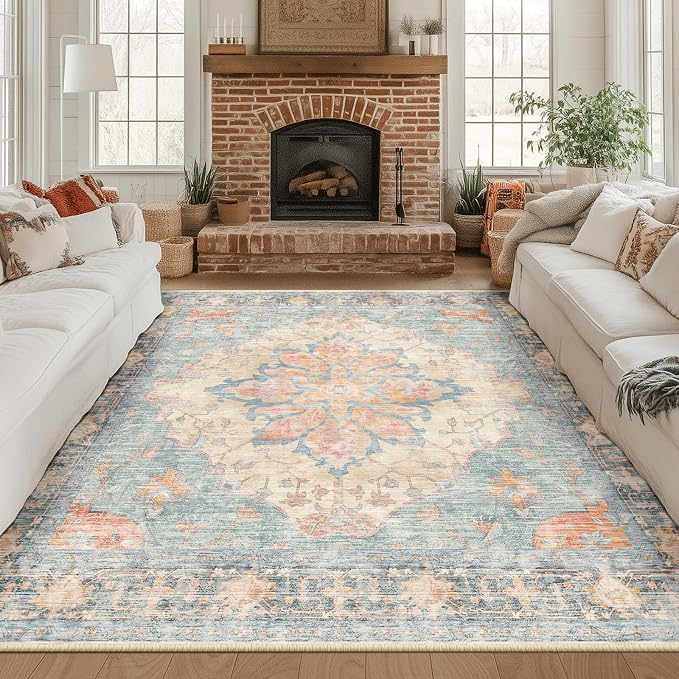 RELEANY Area Rugs Square 8ft Washable Non-Slip, Floral Vintage Distress Medallion Carpet for Living Room Bedroom Dining Room, Blue Orange Red