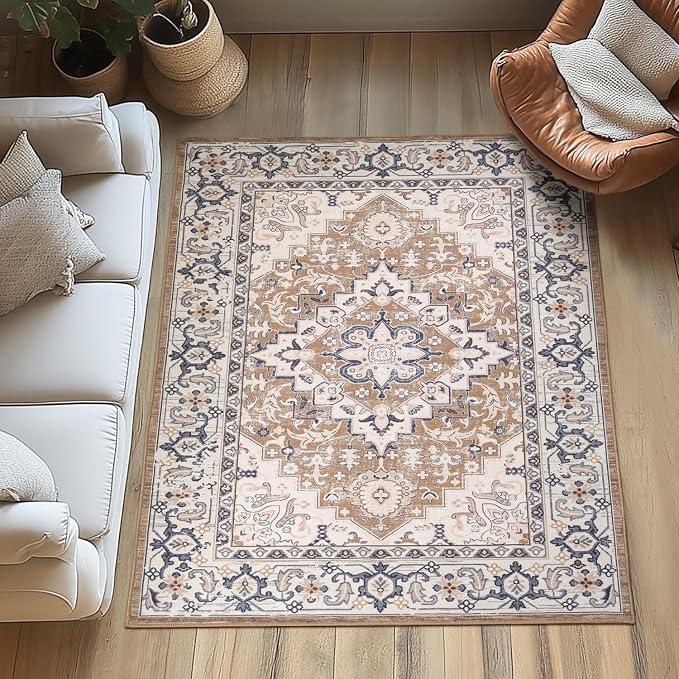 Lessymo 3 x 5 Area Rugs for Living Room- Machine Washable Area Rugs Boho Faux Wool Low Pile Area Rug for Bedroom Floral Medallion Vintage Rugs with Non-Slip Rubber, Kid & Pet Friendly,Brown Beige