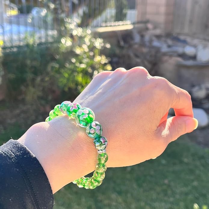 ARTSY Crafts Lily Garden Glow in the Dark Firefly Bead Bracelets Necklaces, Handmade in USA Murano Glass Jewelry, Flower Luminous Beads Mermaid Crystal Bracelet Bangle