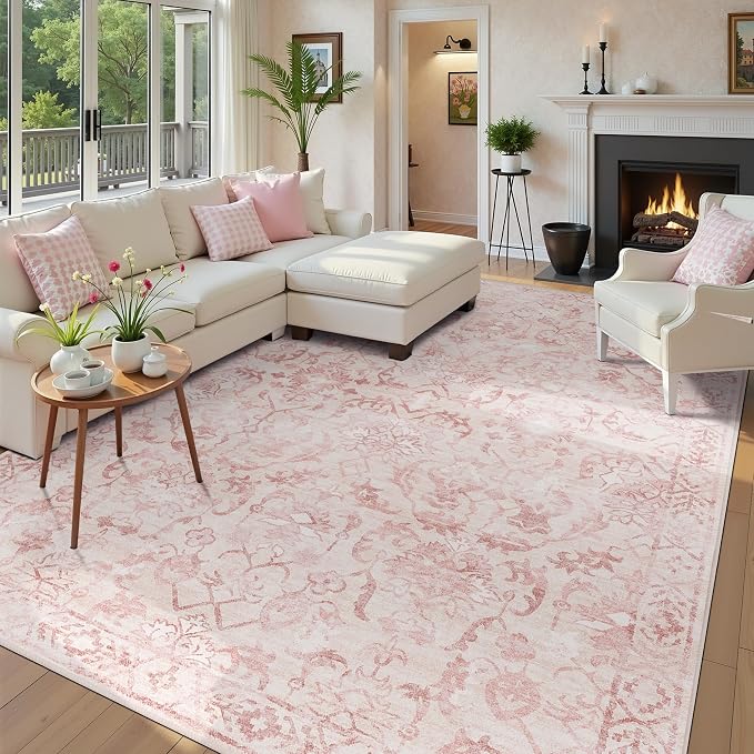 Pink Area Rugs 6x9 for Living Room, Washable Vintage Rugs for Bedroom, Distressed Throw Rug, Non Slip Rug Carpet for Bedroom Dining