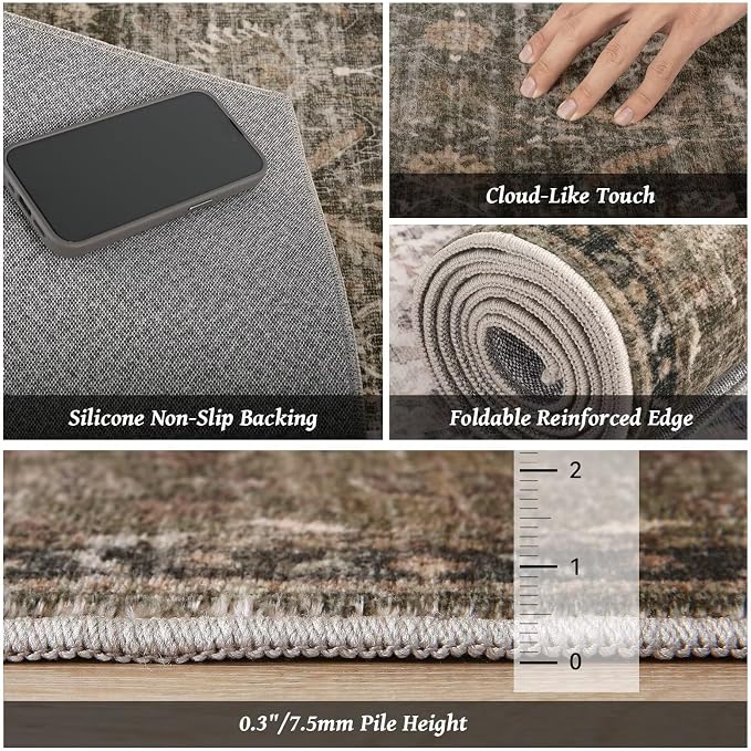 Washable 4x6 Rugs, Boho Vintage Non-Slip Distress Rugs, Sage Green | 0.3" Neutral Throw Rugs for Bedroom Kitchen Nursery Living Room, Cushioned Area Rug for High-traffic