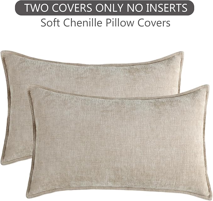 Stellhome Lumbar Chenille Throw Pillow Covers Set of 2 Super Soft Textured Decorative Pillow Covers Accent Solid Cushion Cover for Couch Sofa Bedroom Living Room 12x20 Inch, Light Tan